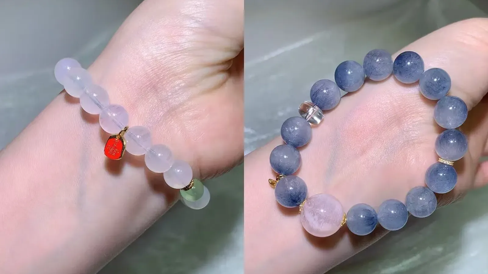 An icy milky-white blue needle quartz bracelet beside a denim-blue rabbit hair quartz bracelet with a pink focal bead