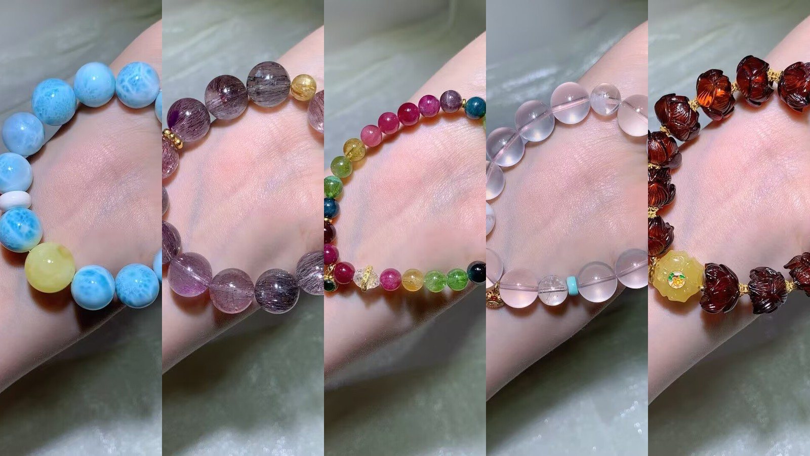 Collage of five natural bead bracelets on a wrist: larimar, Super Seven, tourmaline, rose quartz and blood amber