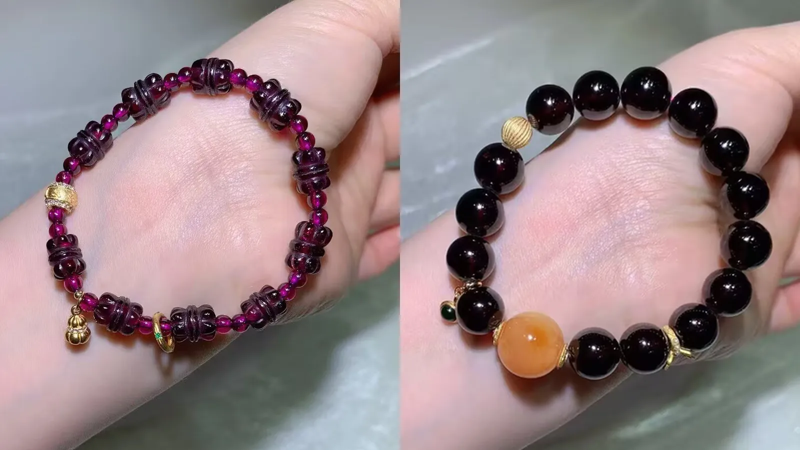 手腕上的對比：左為 9×10mm 雕刻棱紋桶珠紫牙烏手鍊，右為 11.1mm 酒紅石榴石手鍊