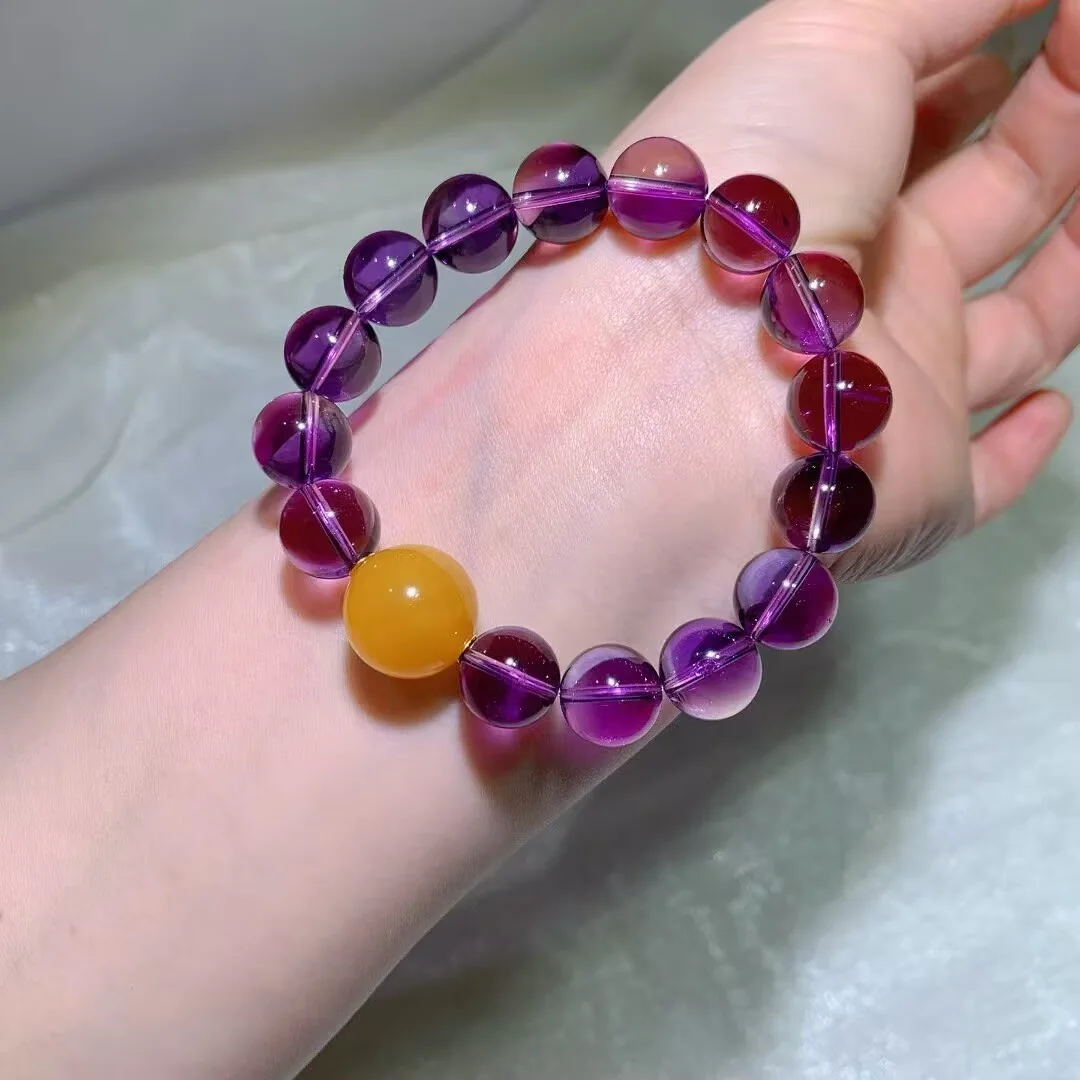 Natural Amethyst Bracelet · 12.3mm with Amber