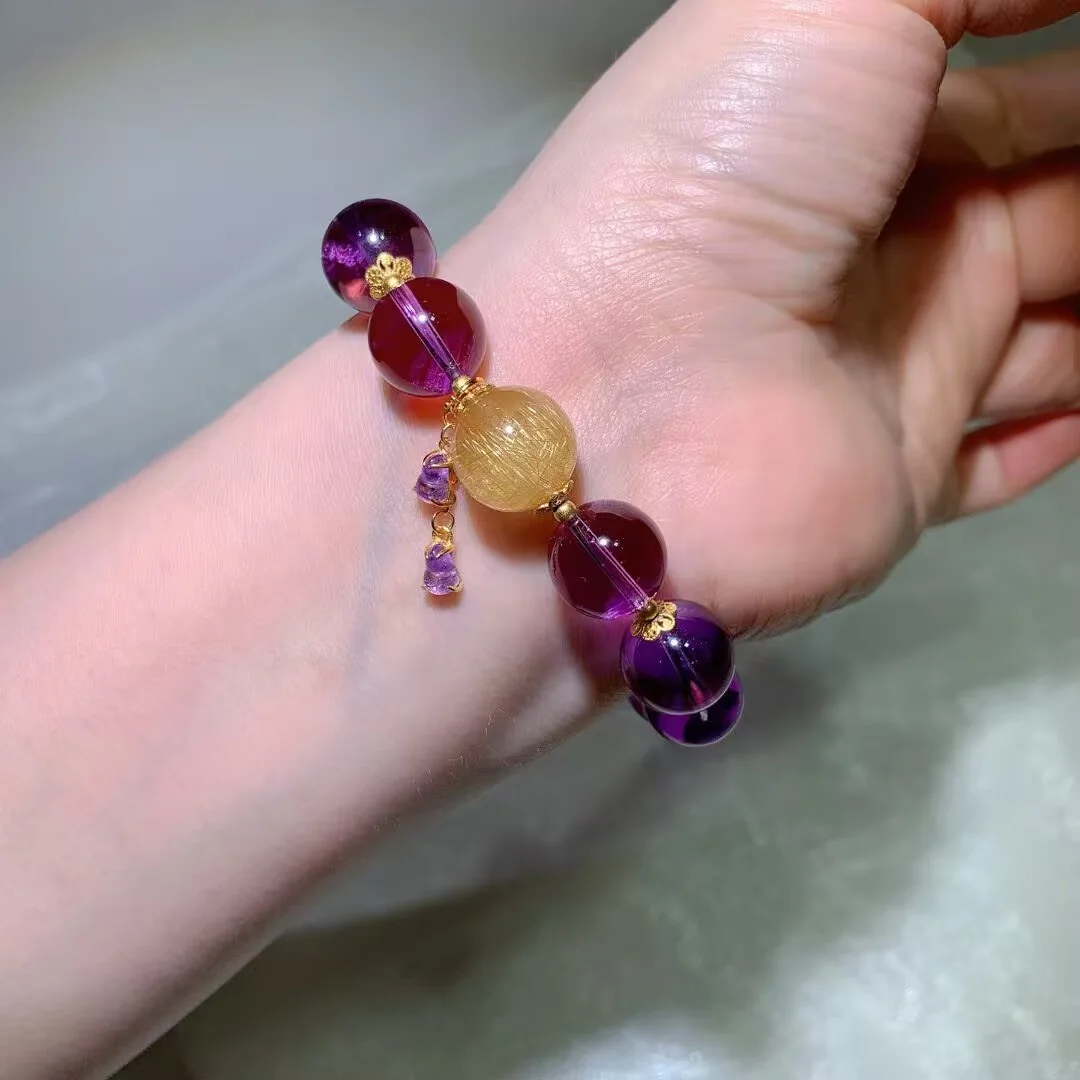 Amethyst Bracelet · Golden Rutile Focal · 13mm