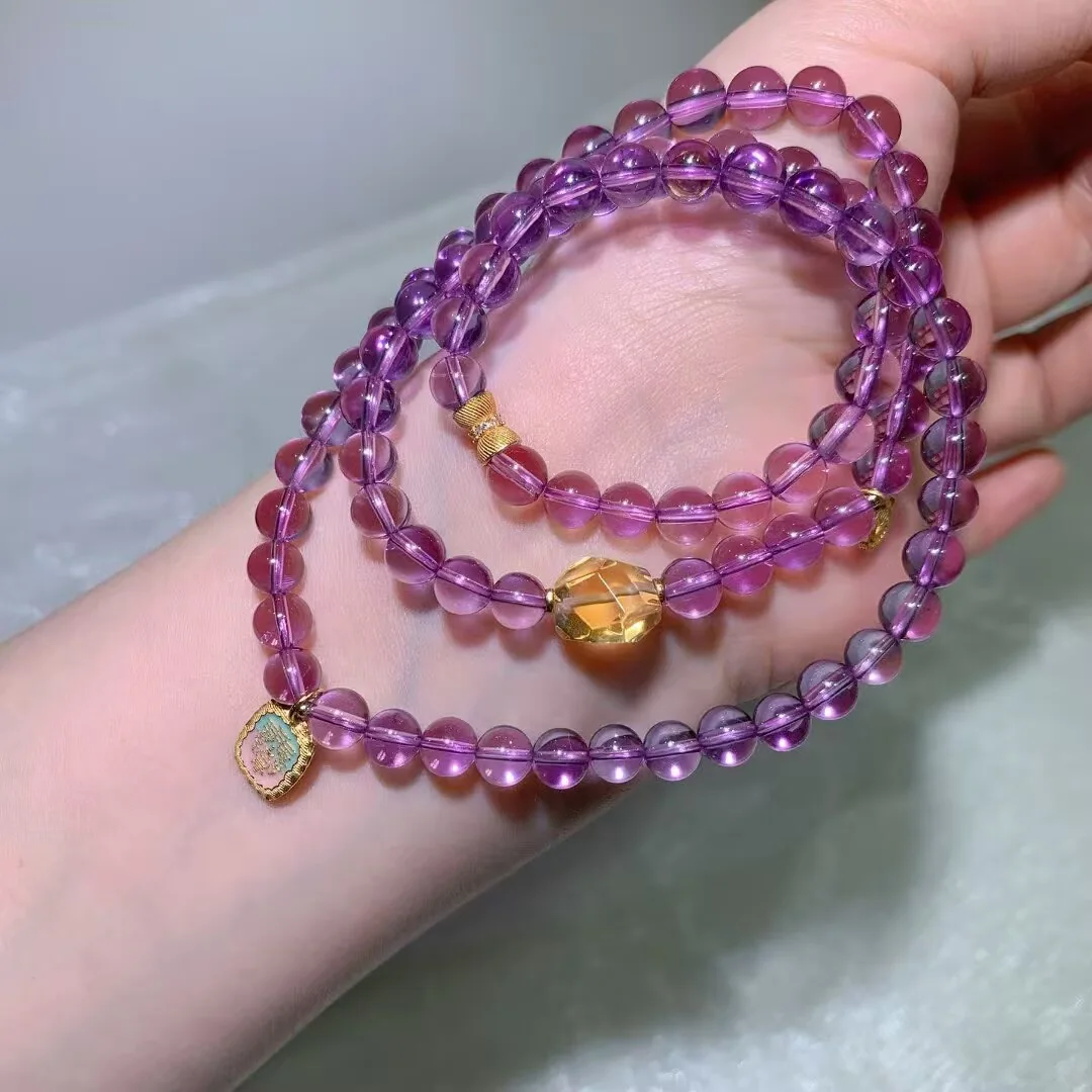 자수정 멀티 랩 팔찌 · 꿀빛 커팅 비즈와 사각 참 · 6.6mm — 디테일 사진