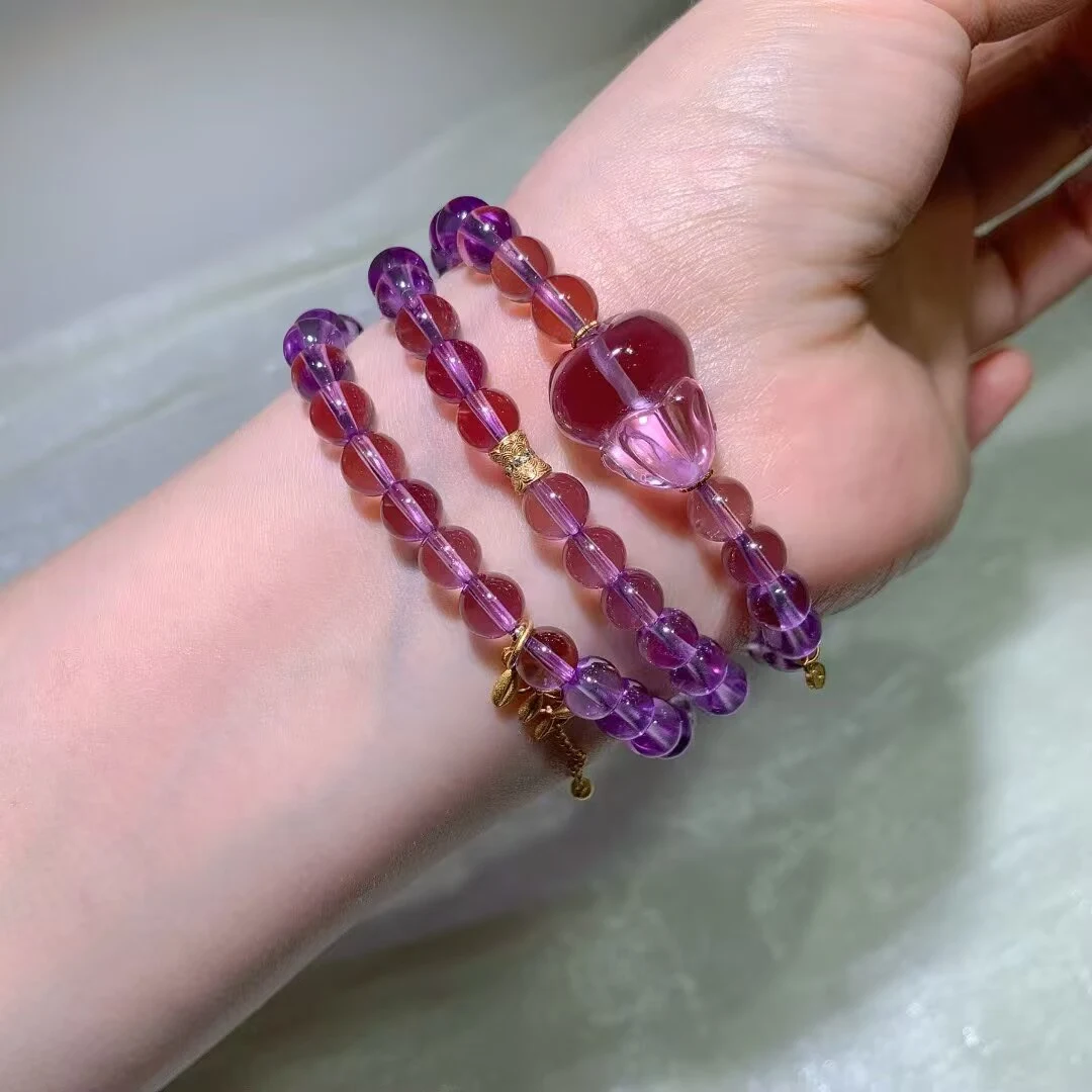 Amethyst Multi-Wrap Bracelet · Carved Pink Bud Bead & Leaf Charm · 7.1mm — detail photo
