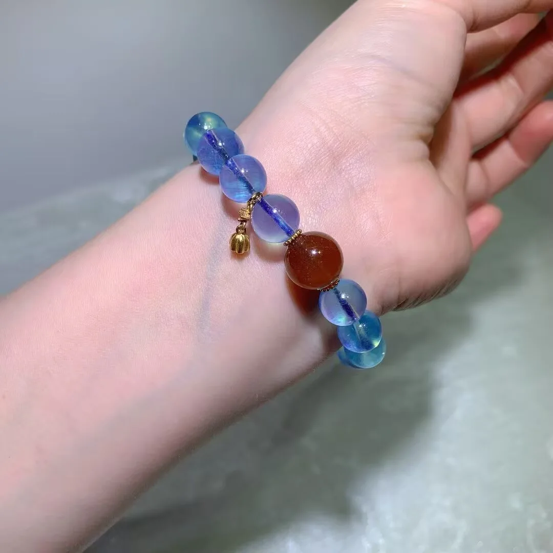 天然海藍寶手鍊(橙紅珠與古法花苞墜 · 10.6mm)