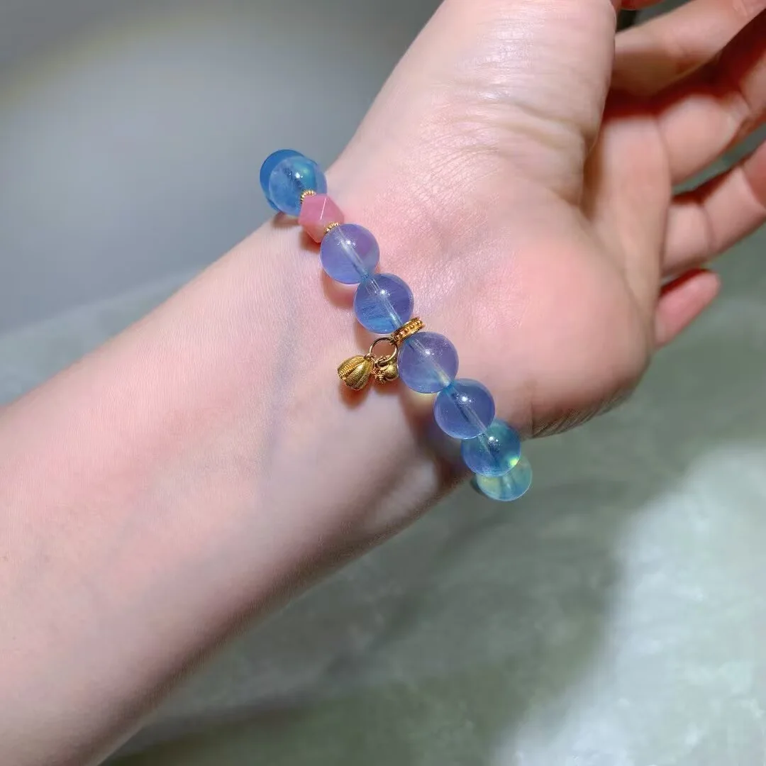 아쿠아마린 팔찌 · 핑크 비즈와 둥근 참 · 9.7mm