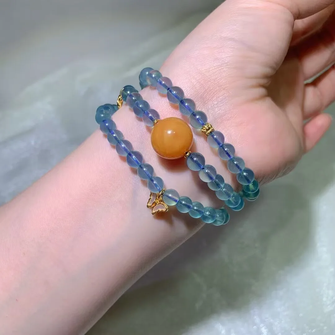 Aquamarine Multi-Wrap Bracelet · Butterfly Charm & Honey-Orange Bead · 6.5mm
