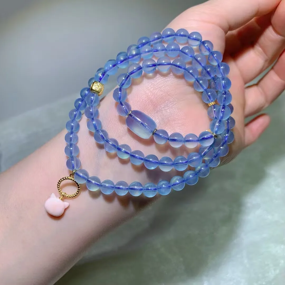 Aquamarine Multi-Wrap Bracelet · Violet Barrel & Cat Charm · 7.1mm — detail photo