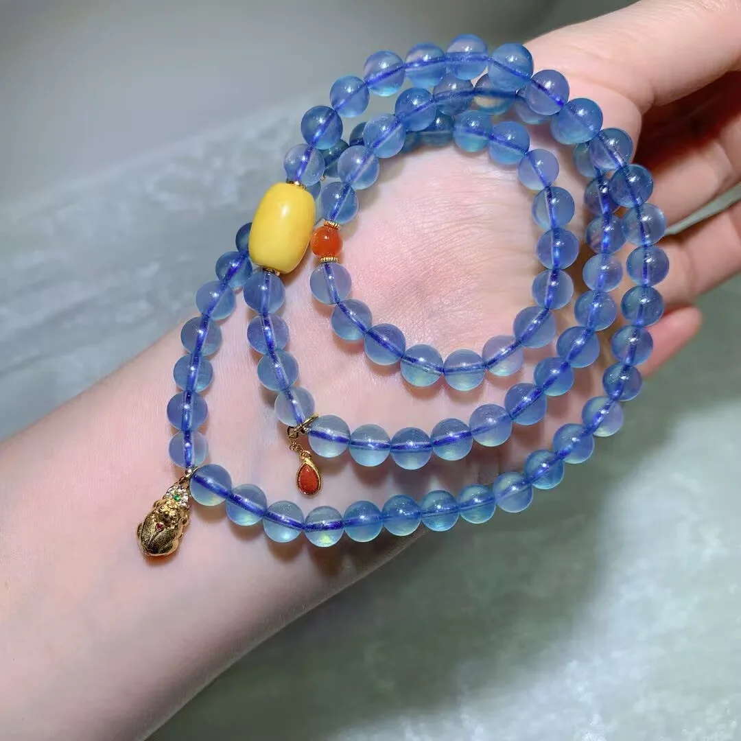 Aquamarine Multi-Wrap Bracelet · Butter-Yellow Barrel & Small Charm · 7.1mm