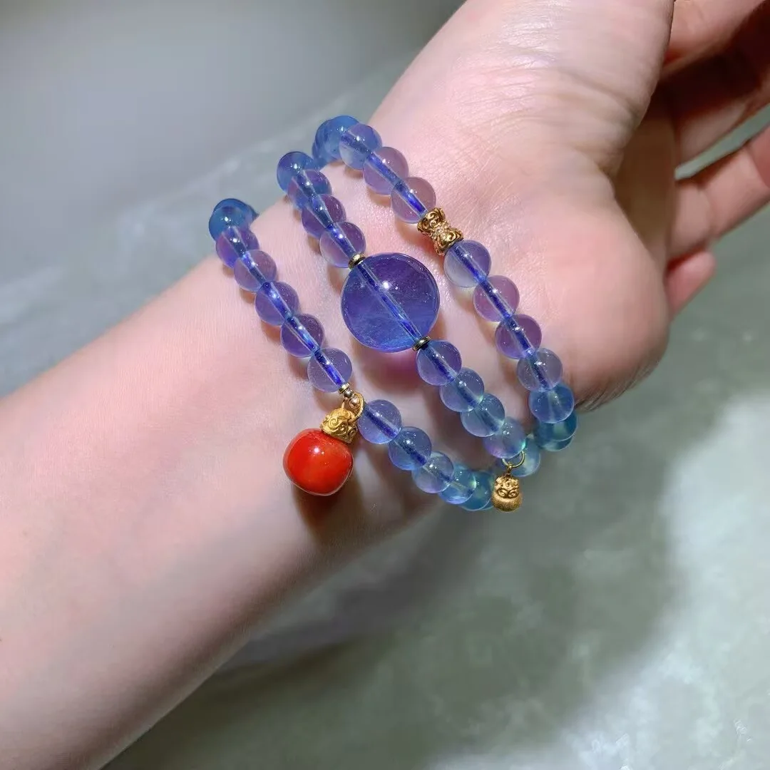 Aquamarine Multi-Wrap Bracelet · Violet Focal Bead & Red Drop · 7.1mm — detail photo