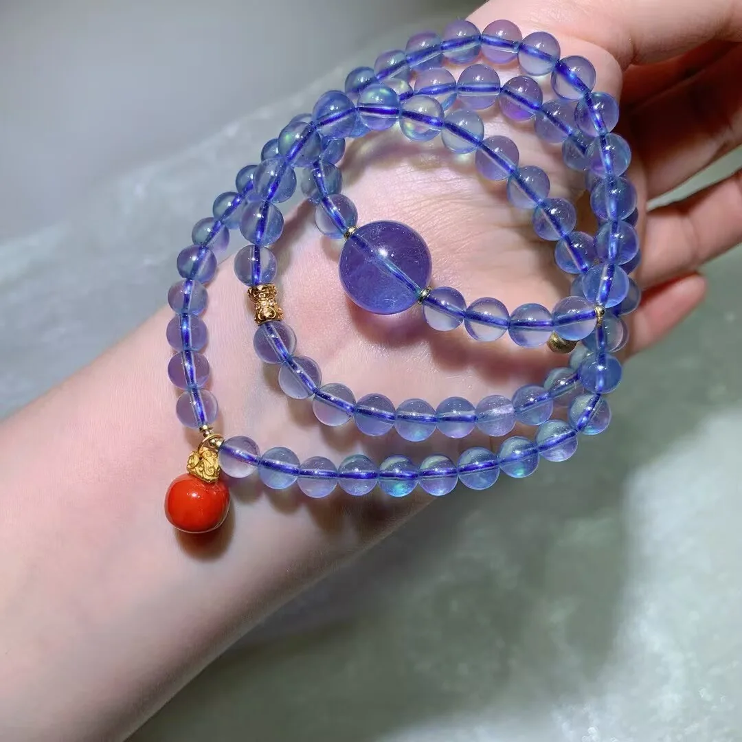 Aquamarine Multi-Wrap Bracelet · Violet Focal Bead & Red Drop · 7.1mm