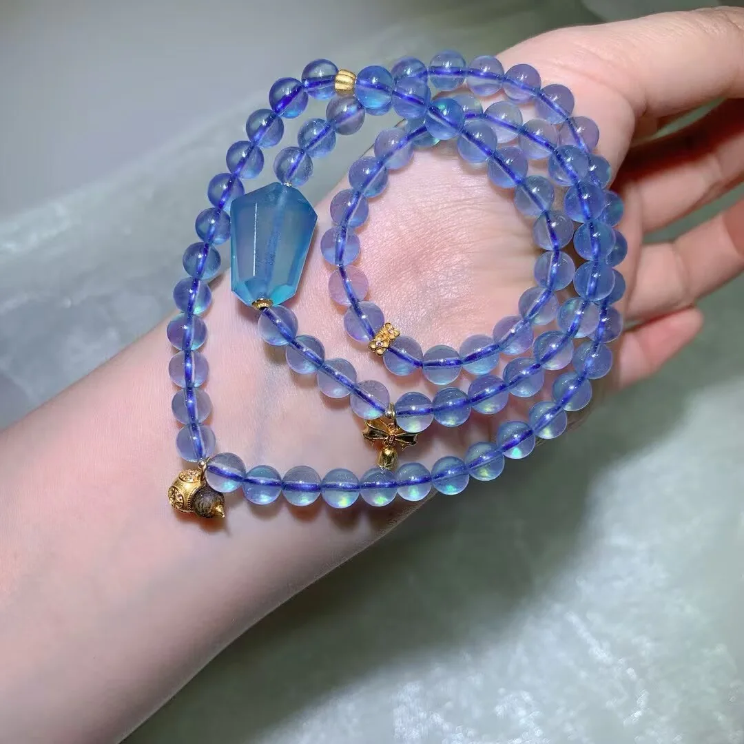 天然海蓝宝多圈手链（切面原石与蜜蜂坠 · 7mm） — 细节图