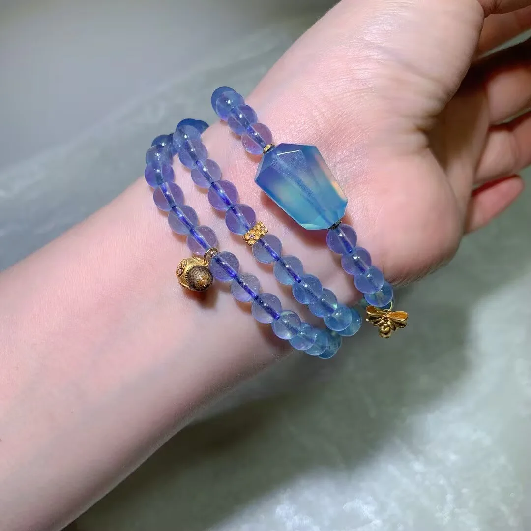 天然海藍寶多圈手鍊(切面原石與蜜蜂墜 · 7mm)