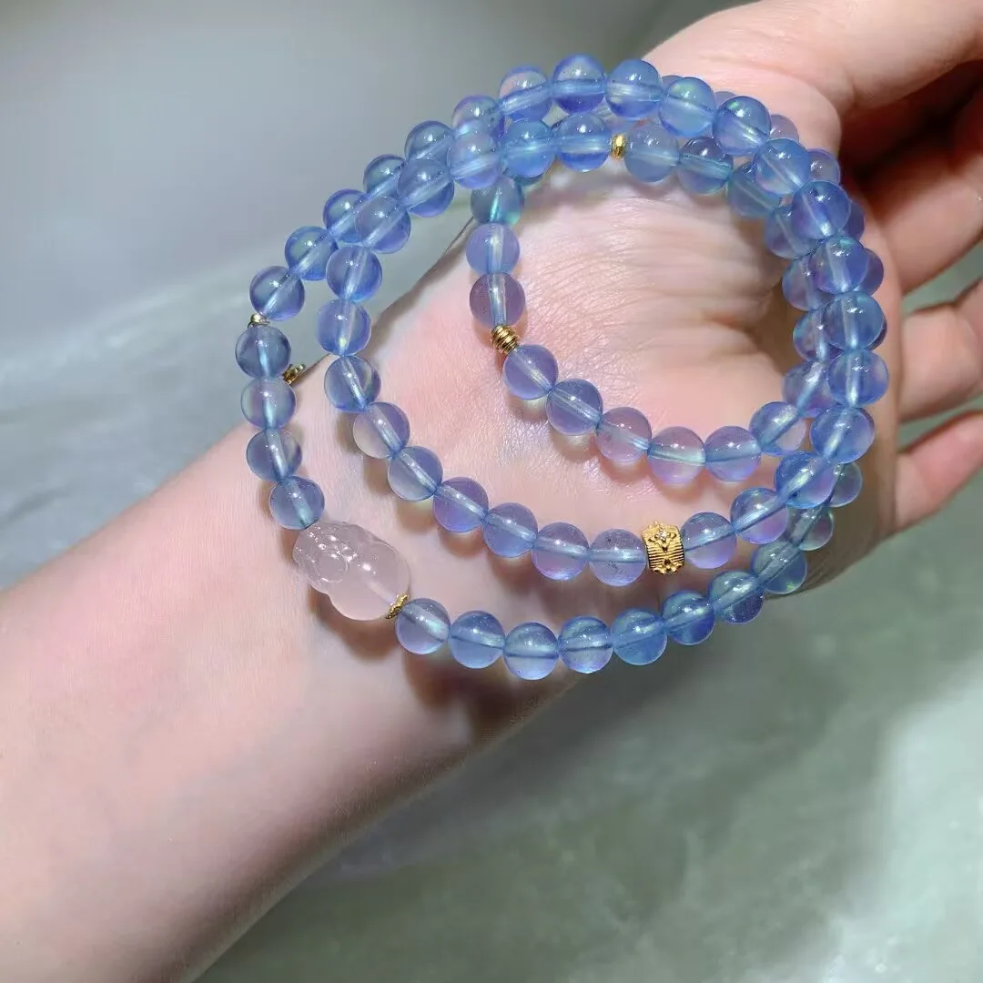 天然海蓝宝多圈手链（粉色雕刻珠 · 三号款 · 7mm） — 细节图
