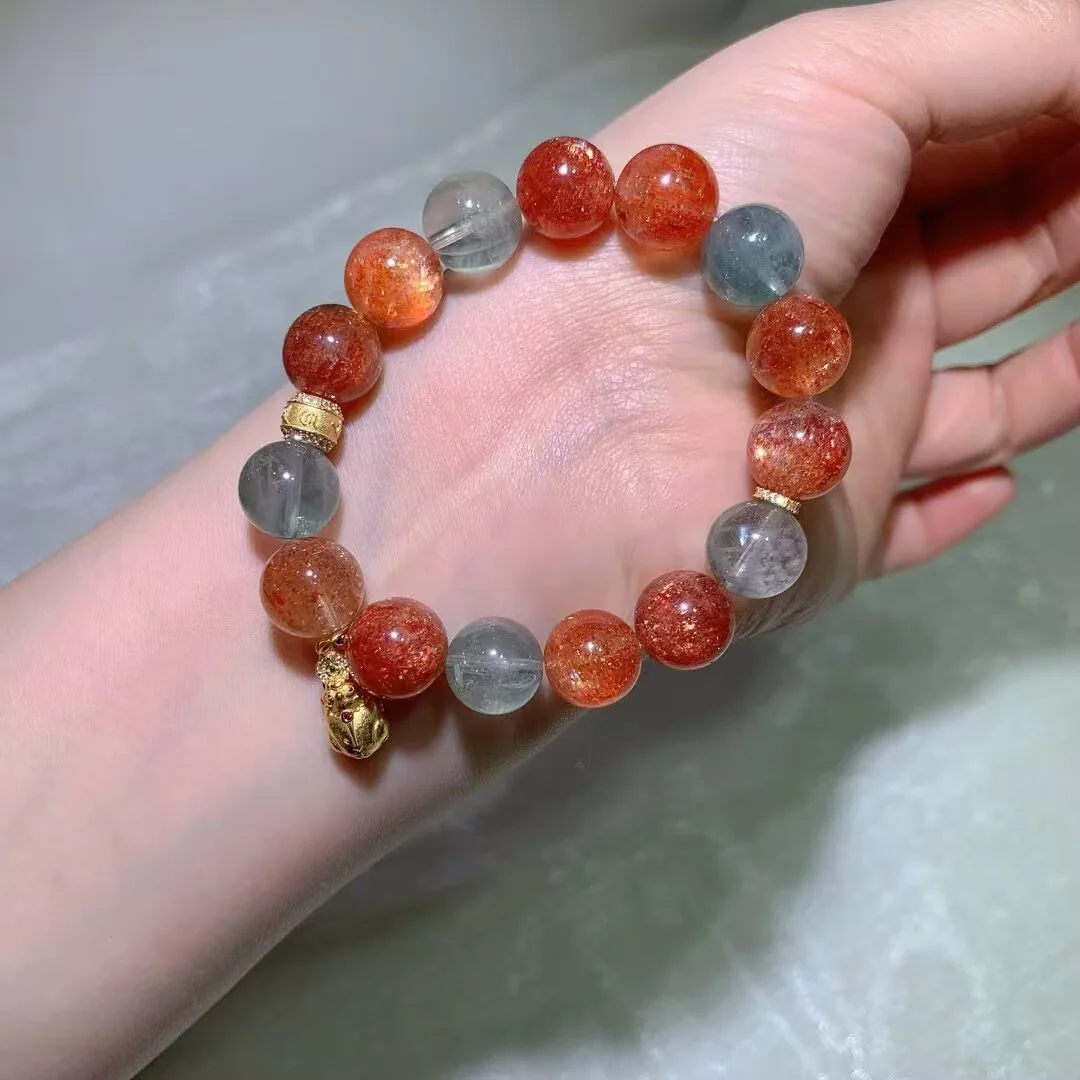 Arusha Sunstone Bracelet · Grey-Blue Beads & Ornate Charm · 12.2mm