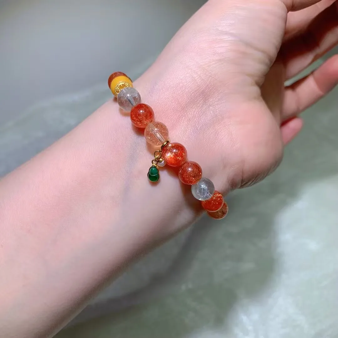 아루샤 선스톤 팔찌 · 꿀빛 노랑 비즈와 초록 물방울 · 8.8mm