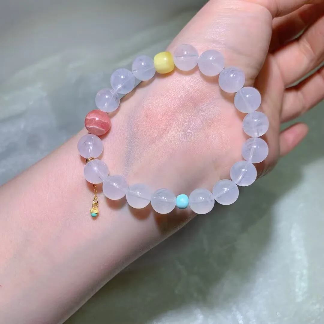 Blue Needle Quartz Bracelet · Pink Banded Bead & Gourd Charm · 9.5mm — detail photo