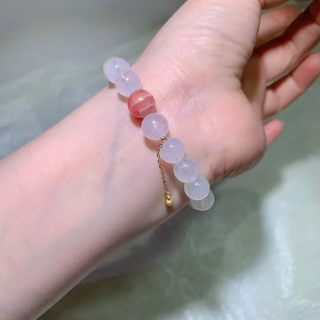 Blue Needle Quartz Bracelet · Pink Banded Bead & Gourd Charm · 9.5mm