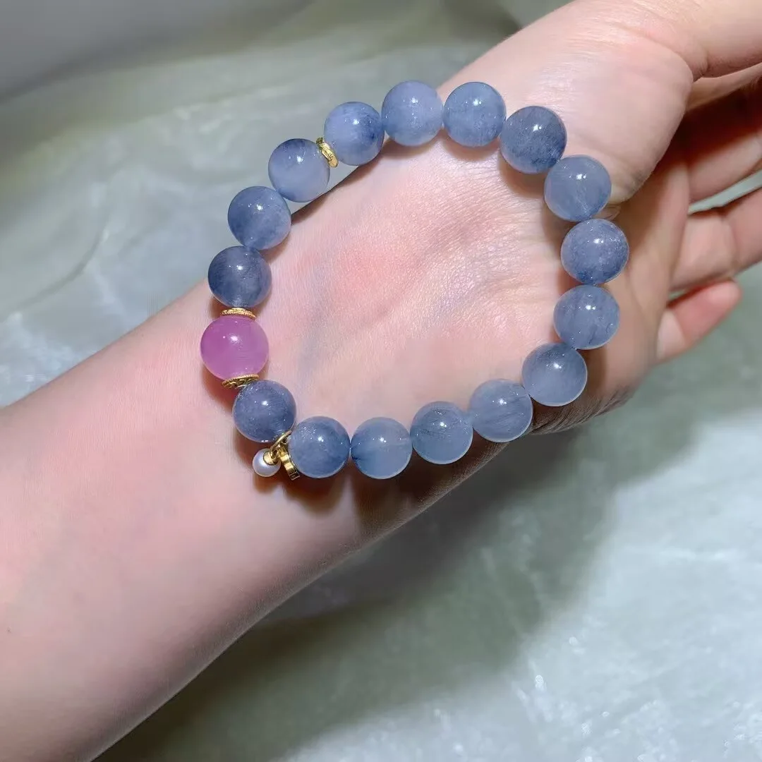 Natural Blue Rabbit Hair Quartz Bracelet · 10.6mm with Orchid-Pink Accent