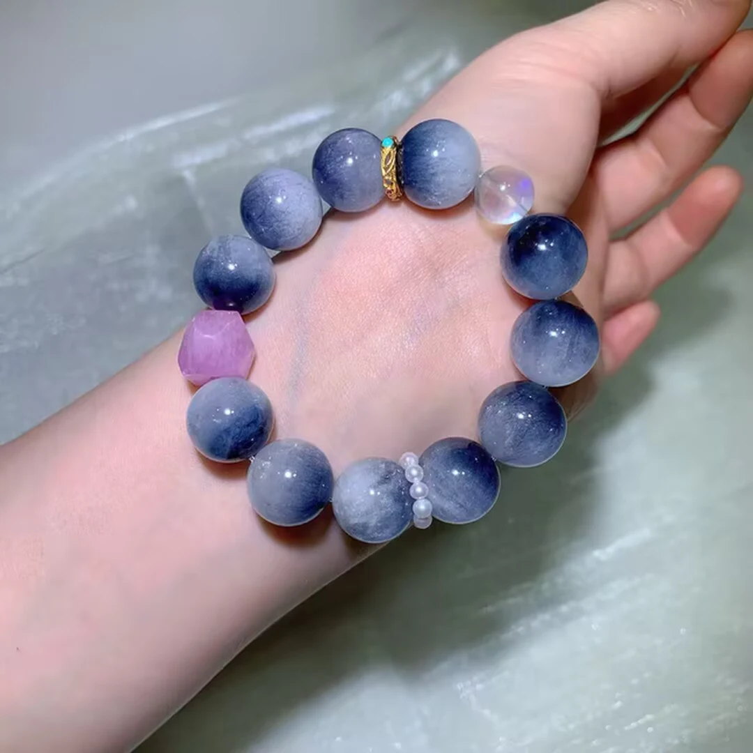 Natural Blue Rabbit Hair Quartz Bracelet · 15mm Statement