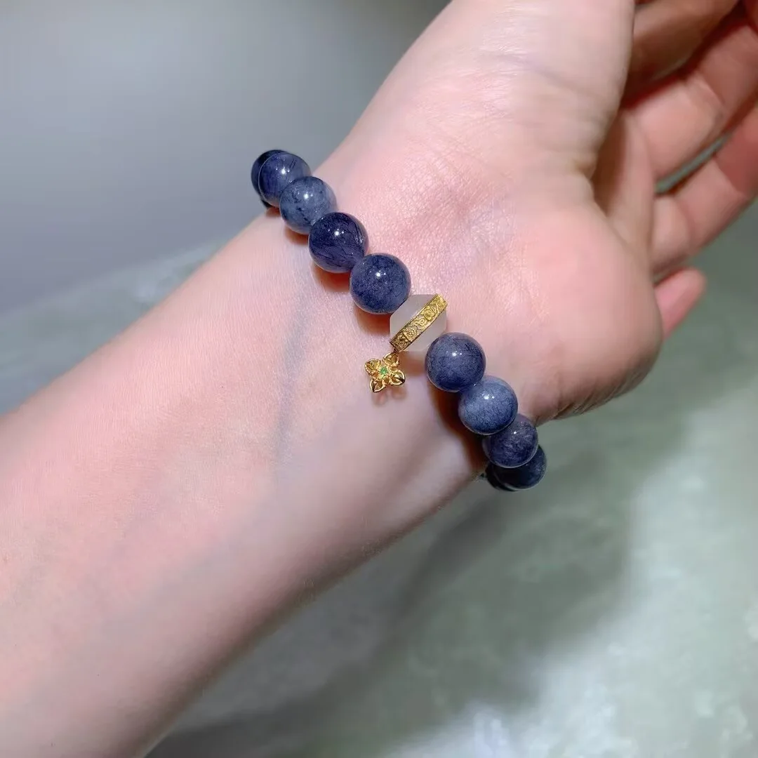 ブルーラビットヘアークォーツ ブレスレット · はちみつイエローの珠と花チャーム · 9.1mm
