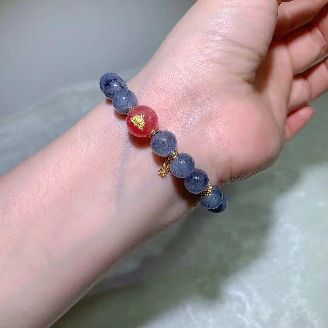 ブルーラビットヘアークォーツ ブレスレット · 赤い紋の主珠 · 9.5mm