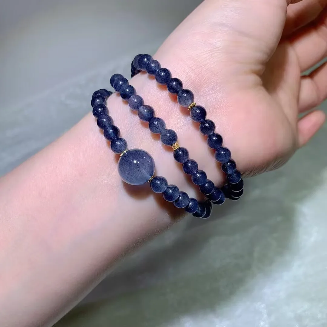 Blue Rabbit Hair Quartz Multi-Wrap Bracelet · Pale Blue Focal · 6.3mm — detail photo