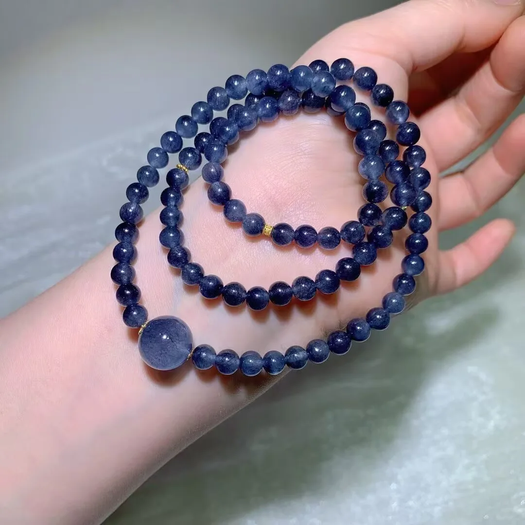 ブルーラビットヘアークォーツ 多重巻きブレスレット · 淡いブルーの主珠 · 6.3mm
