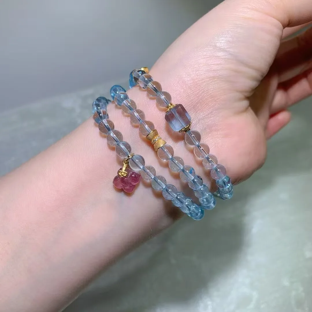 블루 토파즈 멀티 랩 팔찌 · 핑크 꽃 참과 블루 사각 비즈 · 6.2mm