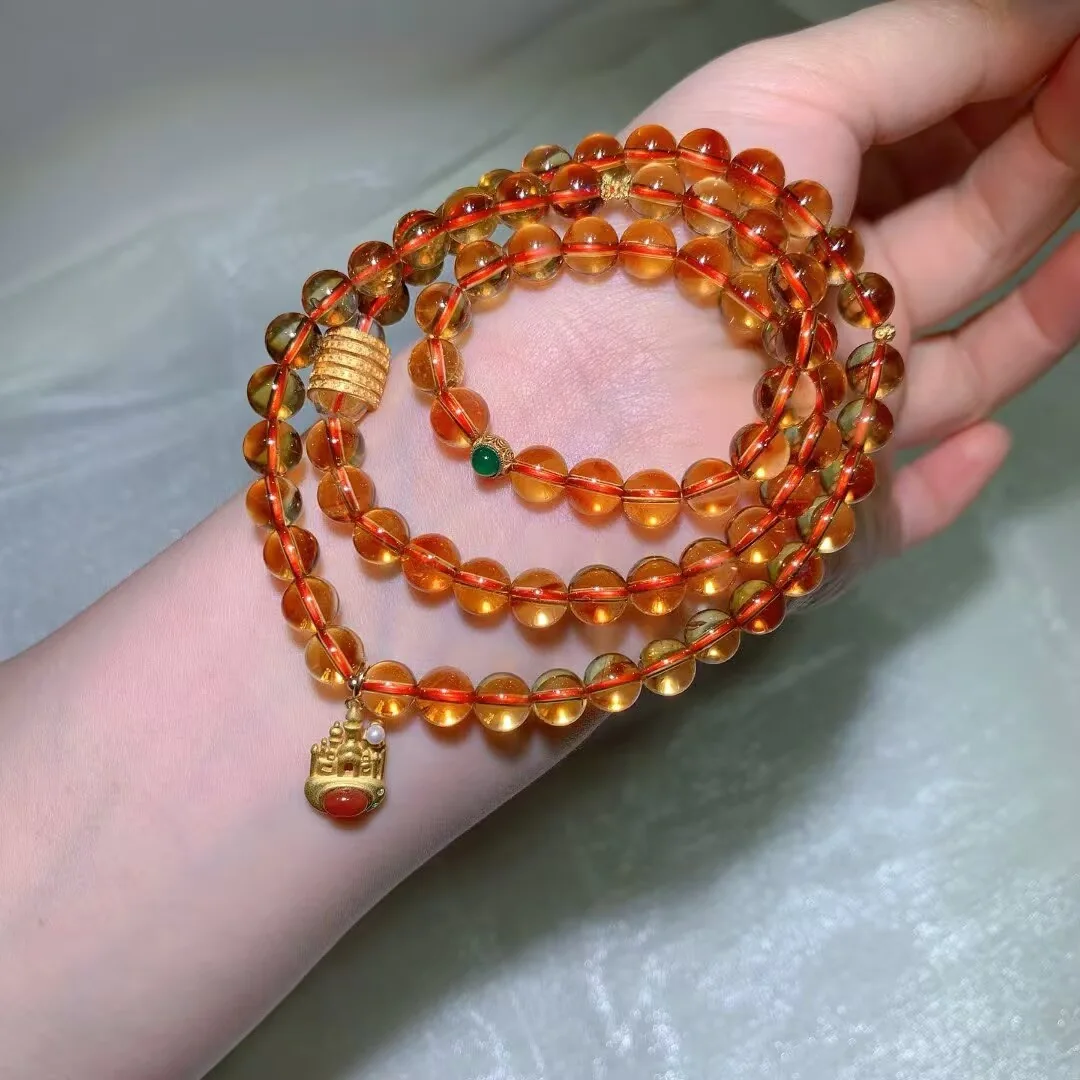 Natural Brazilian Citrine (巴西黄水晶) Multi-Wrap Bracelet with Castle Charm (7.8mm)
