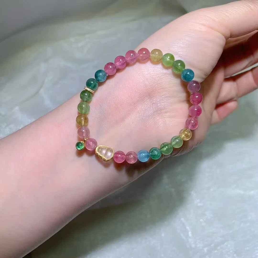 Natural Candy Tourmaline Bracelet with Gourd Charm (6.5mm Pastel Mix)