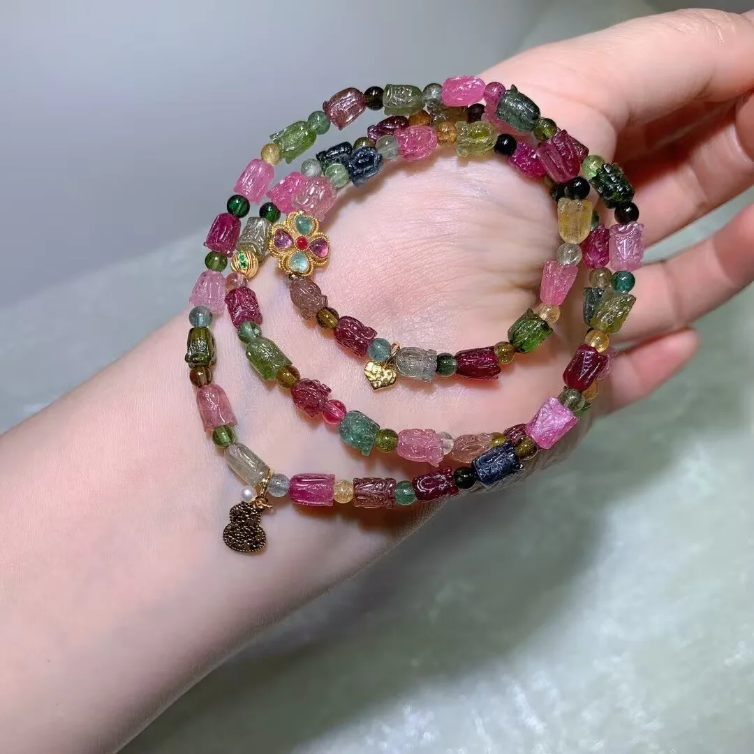 天然糖果碧璽多圈手鍊(白菜雕珠與古法花片 · 5x7mm)