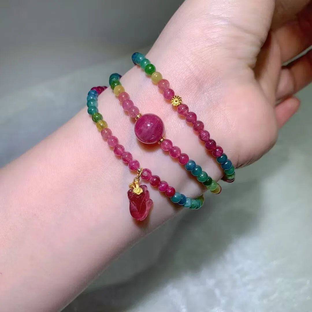 Candy Tourmaline Multi-Wrap Bracelet · Raspberry Focal & Carved Red Charm · 4.1mm