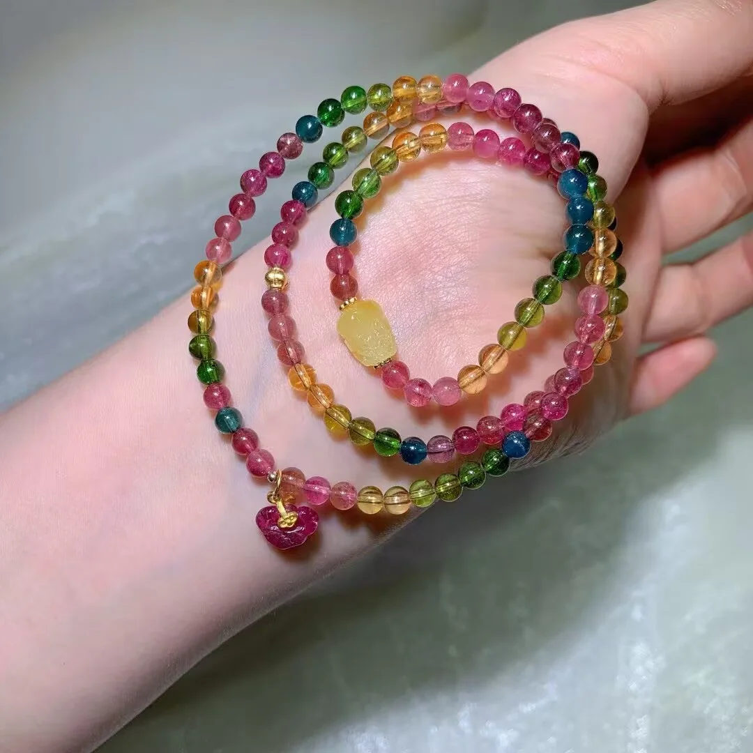 Candy Tourmaline Multi-Wrap Bracelet · Carved Lock Charm · 4.7mm
