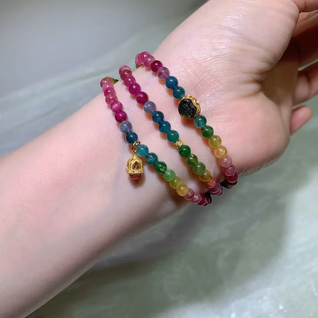 Candy Tourmaline Multi-Wrap Bracelet · Framed Green Bead & Bell Charm · 4.7mm — detail photo