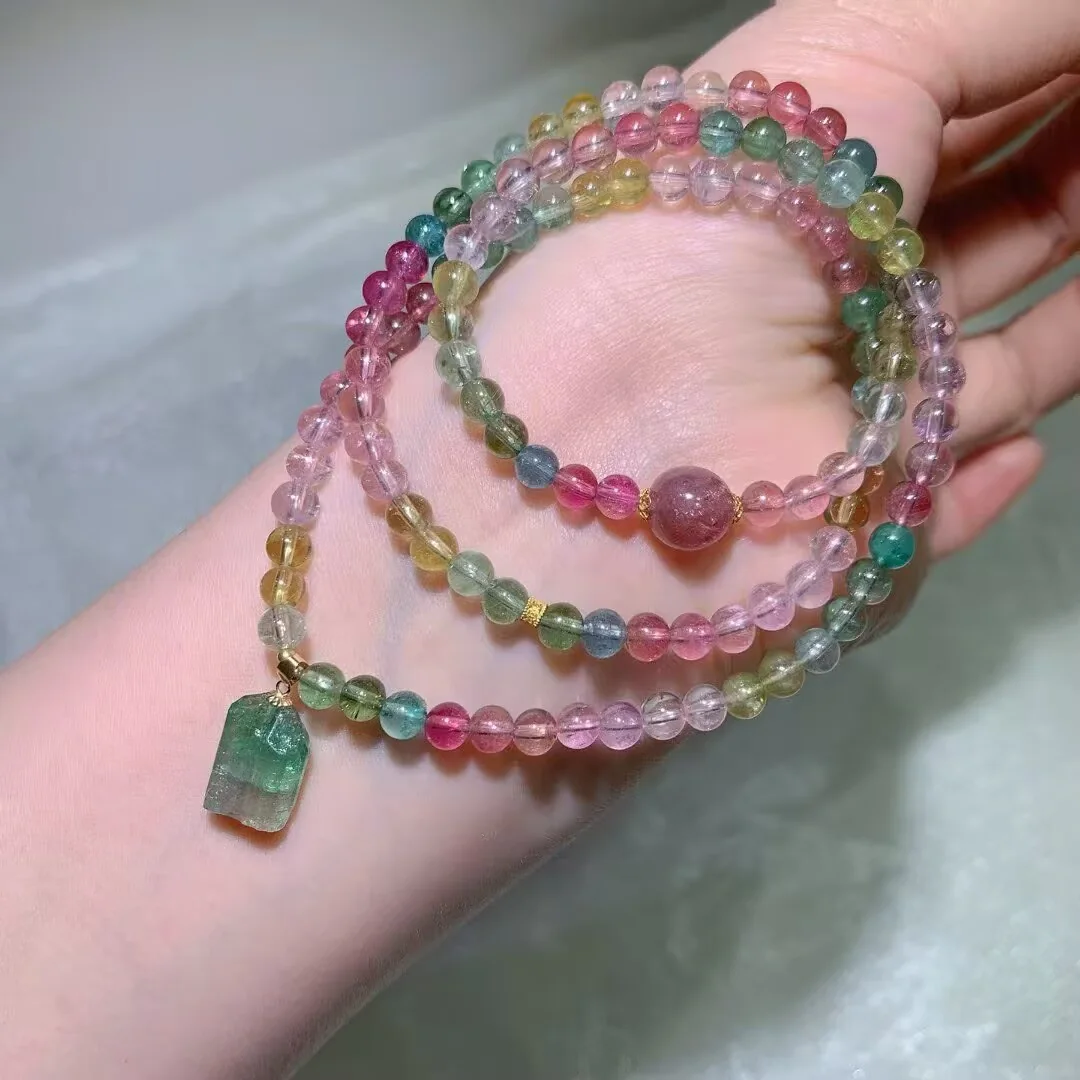 Candy Tourmaline Multi-Wrap Bracelet · Green Crystal Pendant & Pink Bead · 4.9mm — detail photo