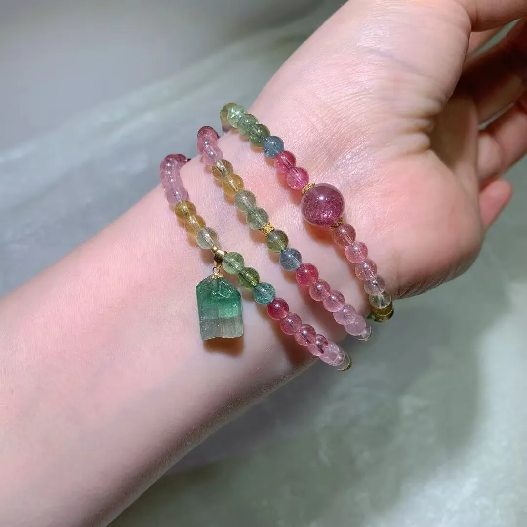 Candy Tourmaline Multi-Wrap Bracelet · Green Crystal Pendant & Pink Bead · 4.9mm