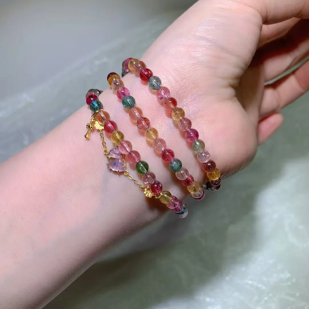 캔디 투르말린 멀티 랩 팔찌 · 조각 꽃과 체인 태슬 · 5.3mm