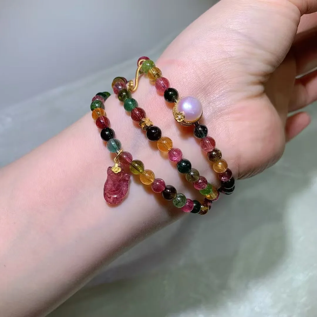Candy Tourmaline Multi-Wrap Bracelet · Pearl & Pink Drop Charm · 5.6mm