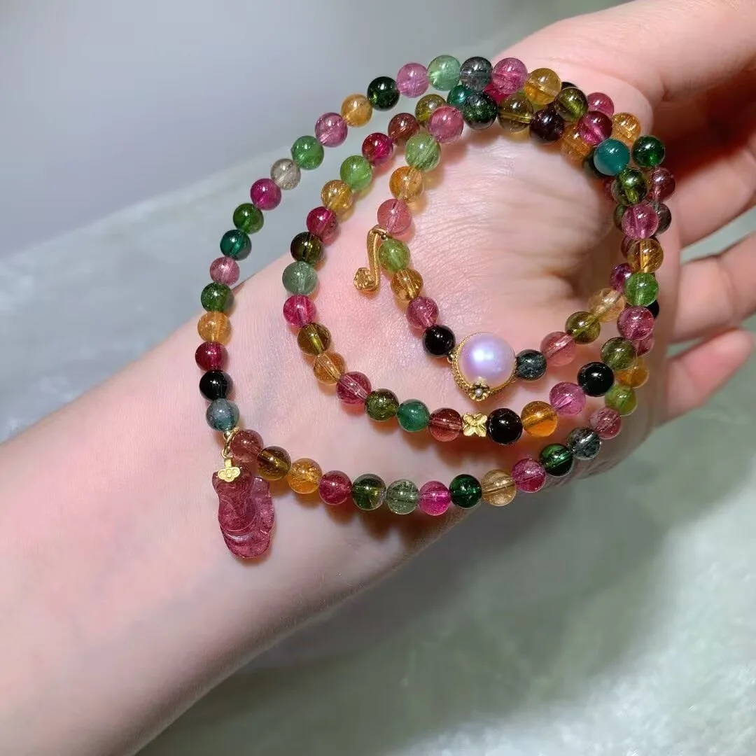 天然糖果碧璽多圈手鍊(小珍珠與粉色水滴墜 · 5.6mm)