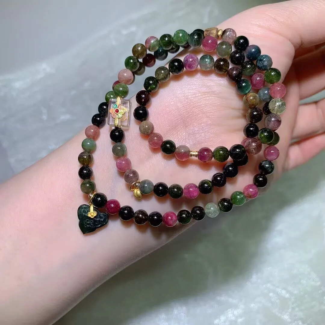 Candy Tourmaline Multi-Wrap Bracelet · Carved Heart-Leaf Charm · 5.7mm — detail photo