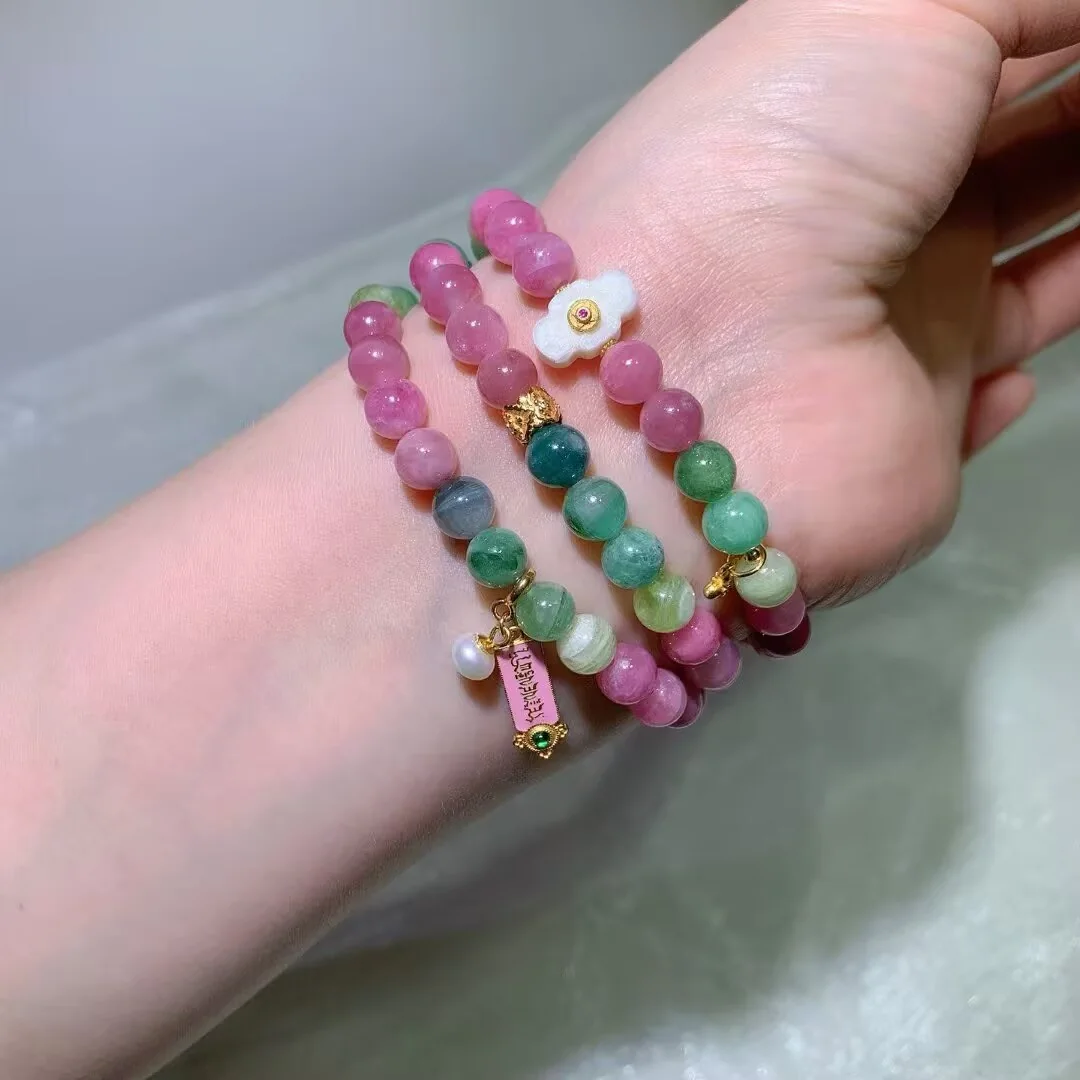 Candy Tourmaline Multi-Wrap Bracelet · Flower Bead & Tag Charm · 7.2mm — detail photo