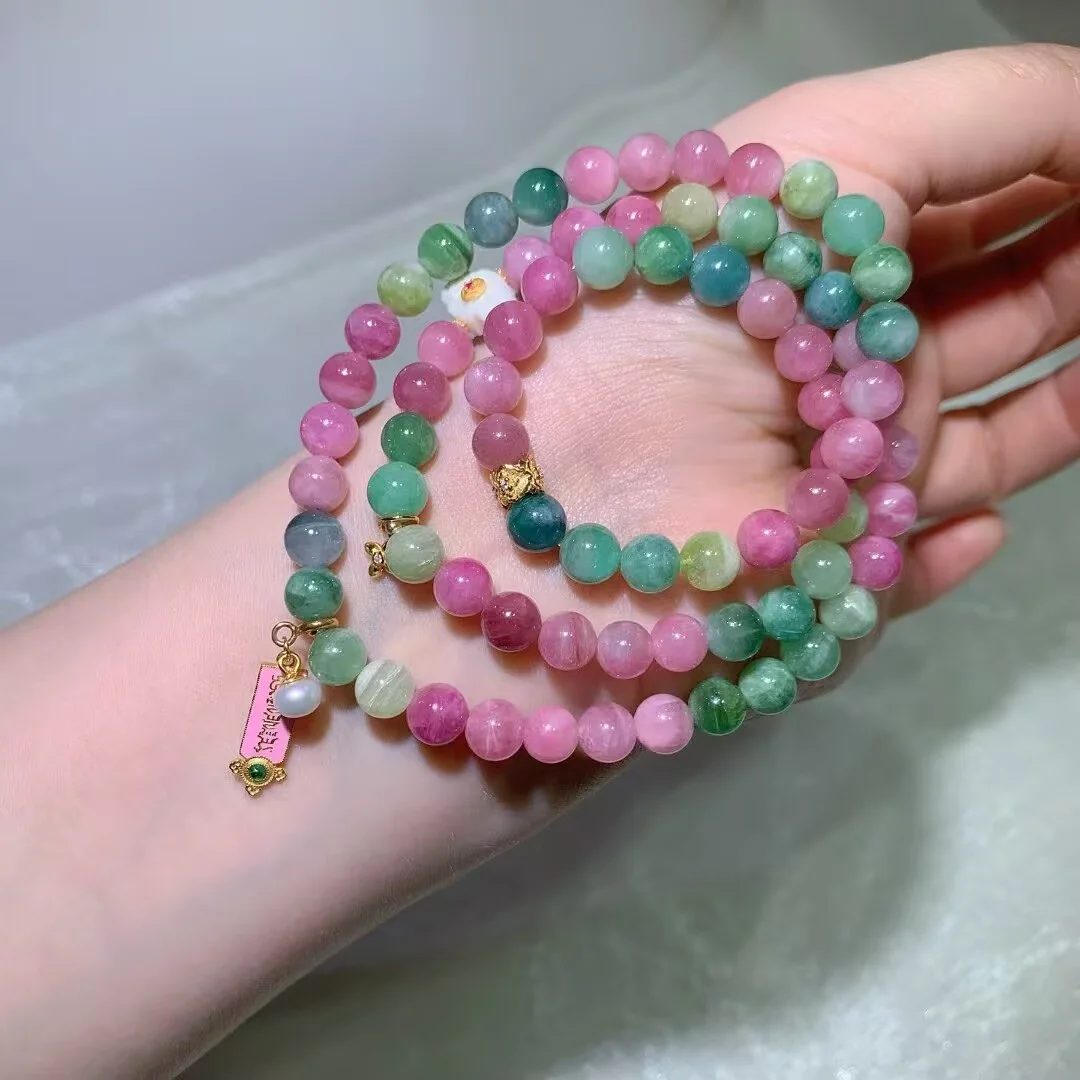Candy Tourmaline Multi-Wrap Bracelet · Flower Bead & Tag Charm · 7.2mm