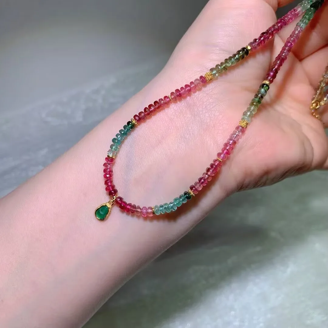 天然糖果碧玺项链(串珠项链与绿水滴 · 4mm) — 细节图