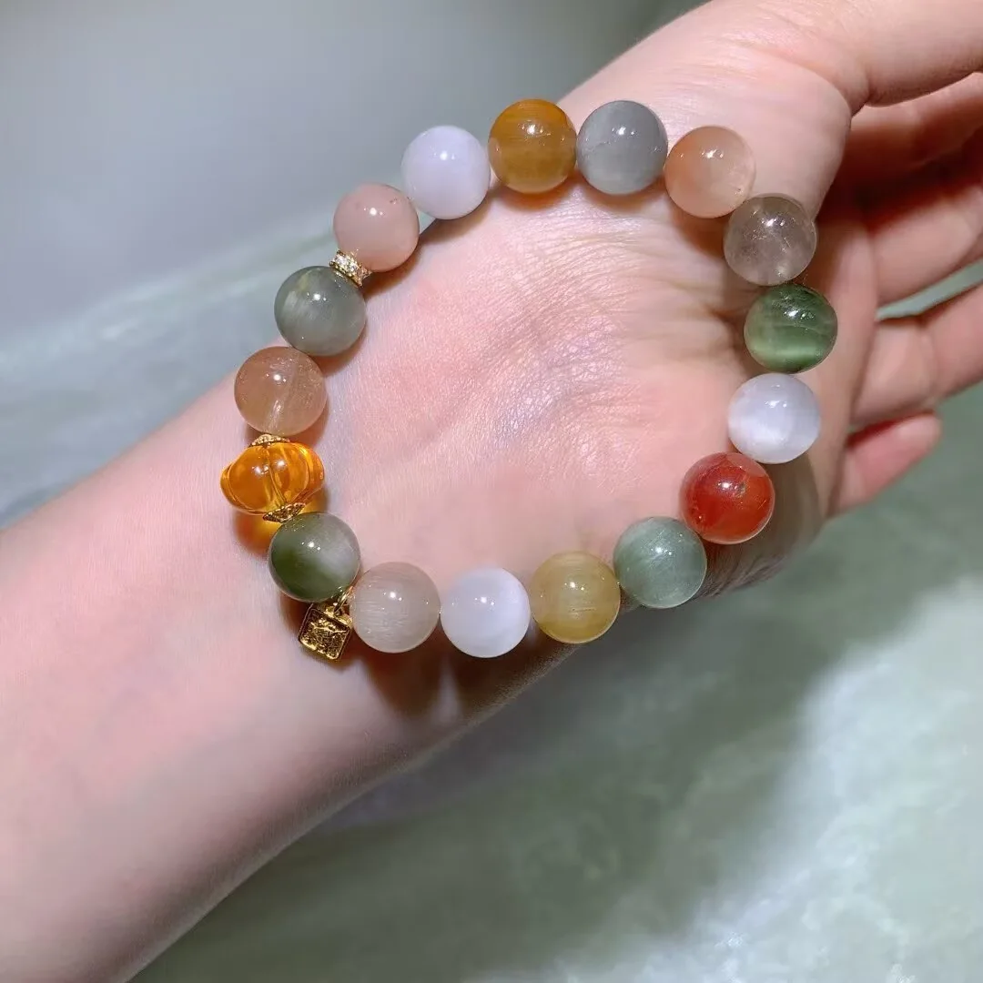 Cat's Eye Multicolor Rabbit Hair Quartz Bracelet · Carved Melon Bead & Tag Charm · 11.2mm