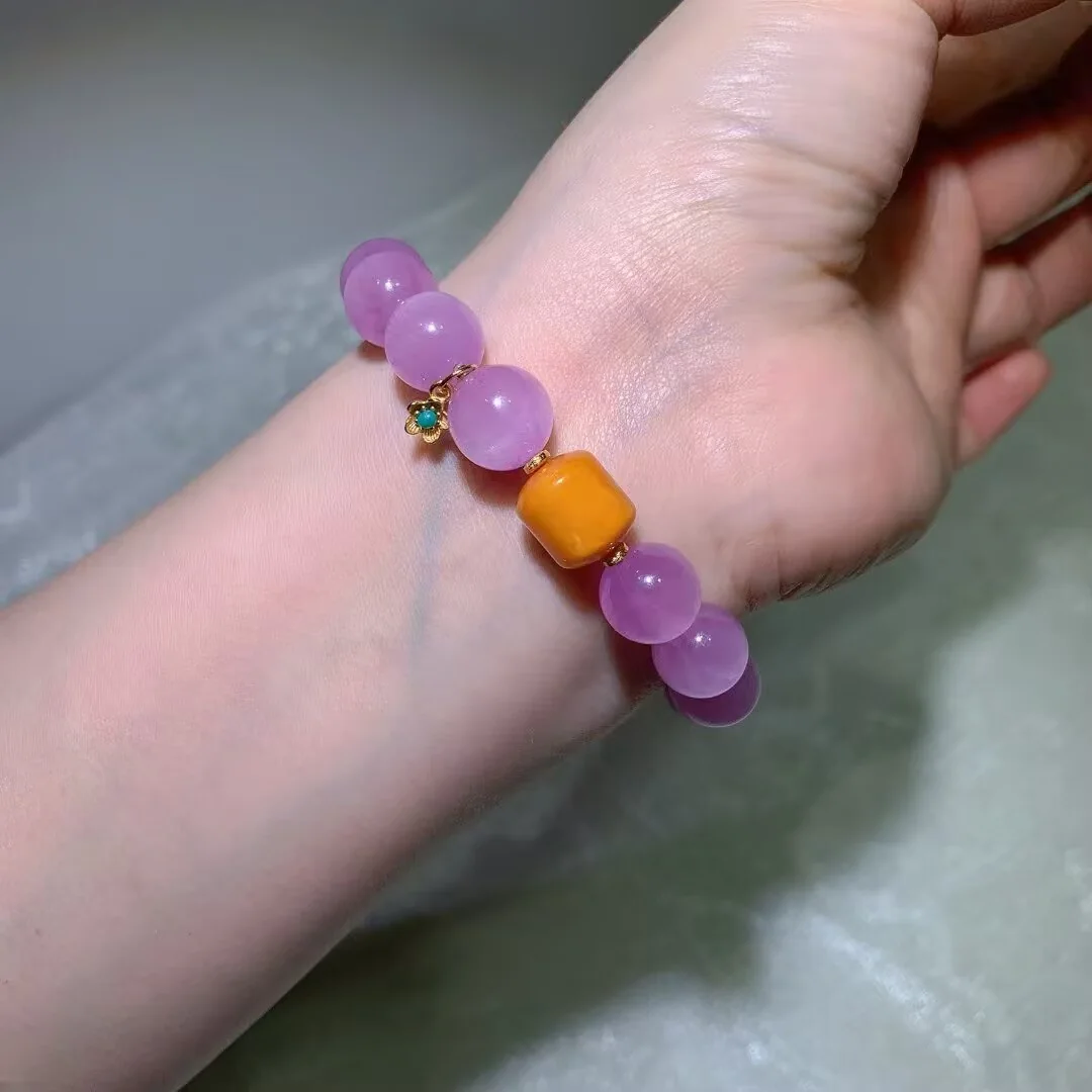 キャッツアイクンツァイト ブレスレット · はちみつ色の樽珠と花のチャーム · 11.5mm
