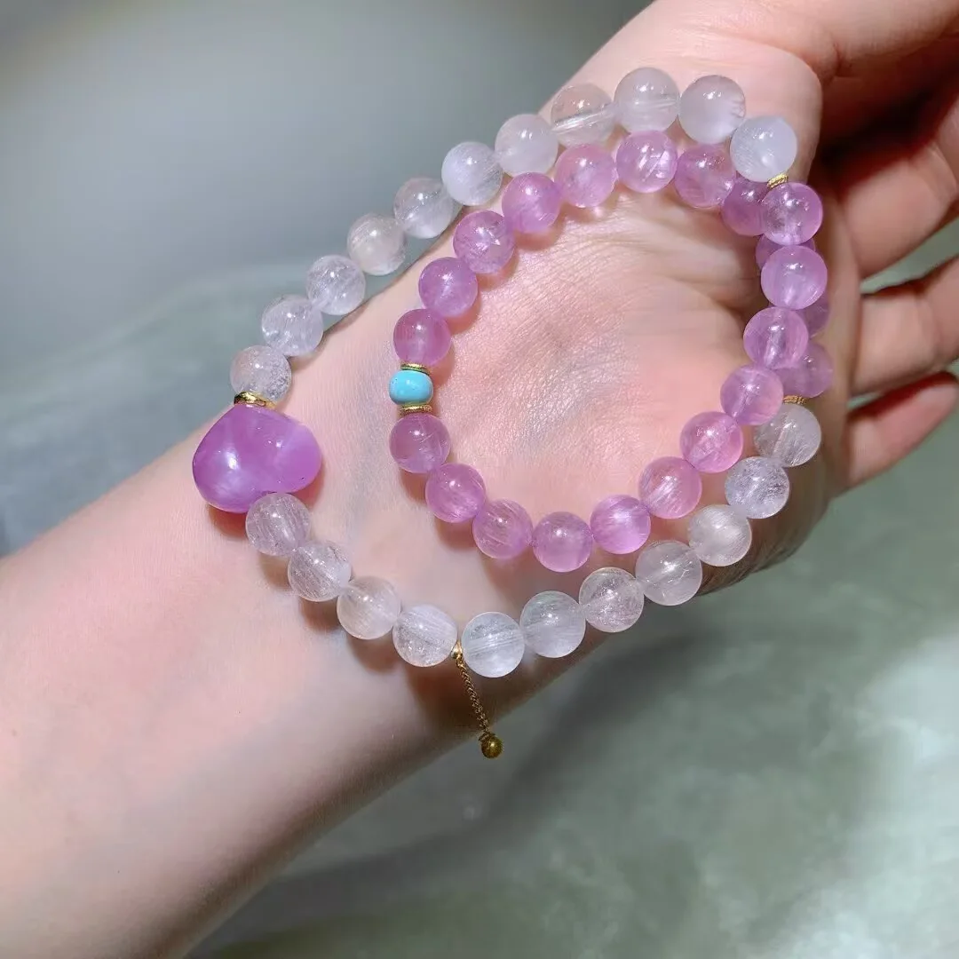 キャッツアイクンツァイト&ホワイトラビットヘアー 多重巻きブレスレット · クンツァイトのしずく · 8.2mm