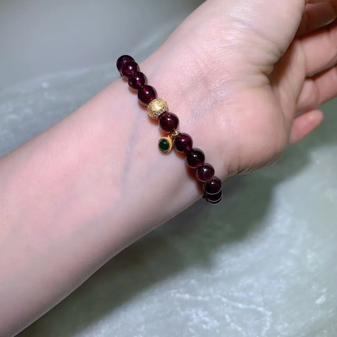 Purple Garnet Bracelet · Green Drop Charm · 7.6mm
