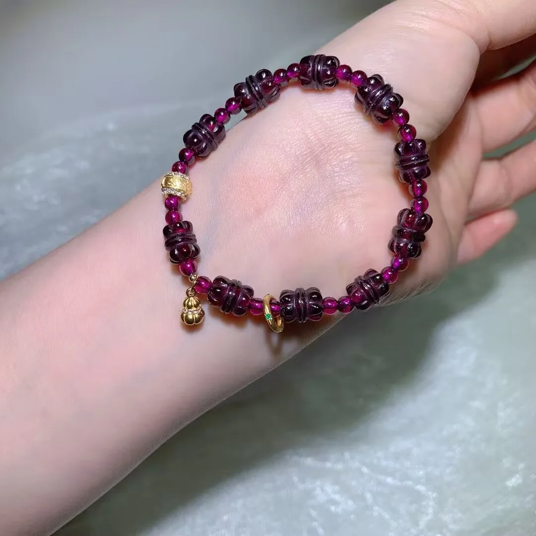 Purple Garnet Bracelet · Carved Barrels & Gourd Charm · 9×10mm