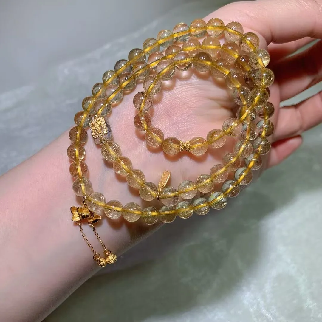 天然金髮晶多圈手鍊(古法蓮花墜與透明方牌珠 · 7.8mm)