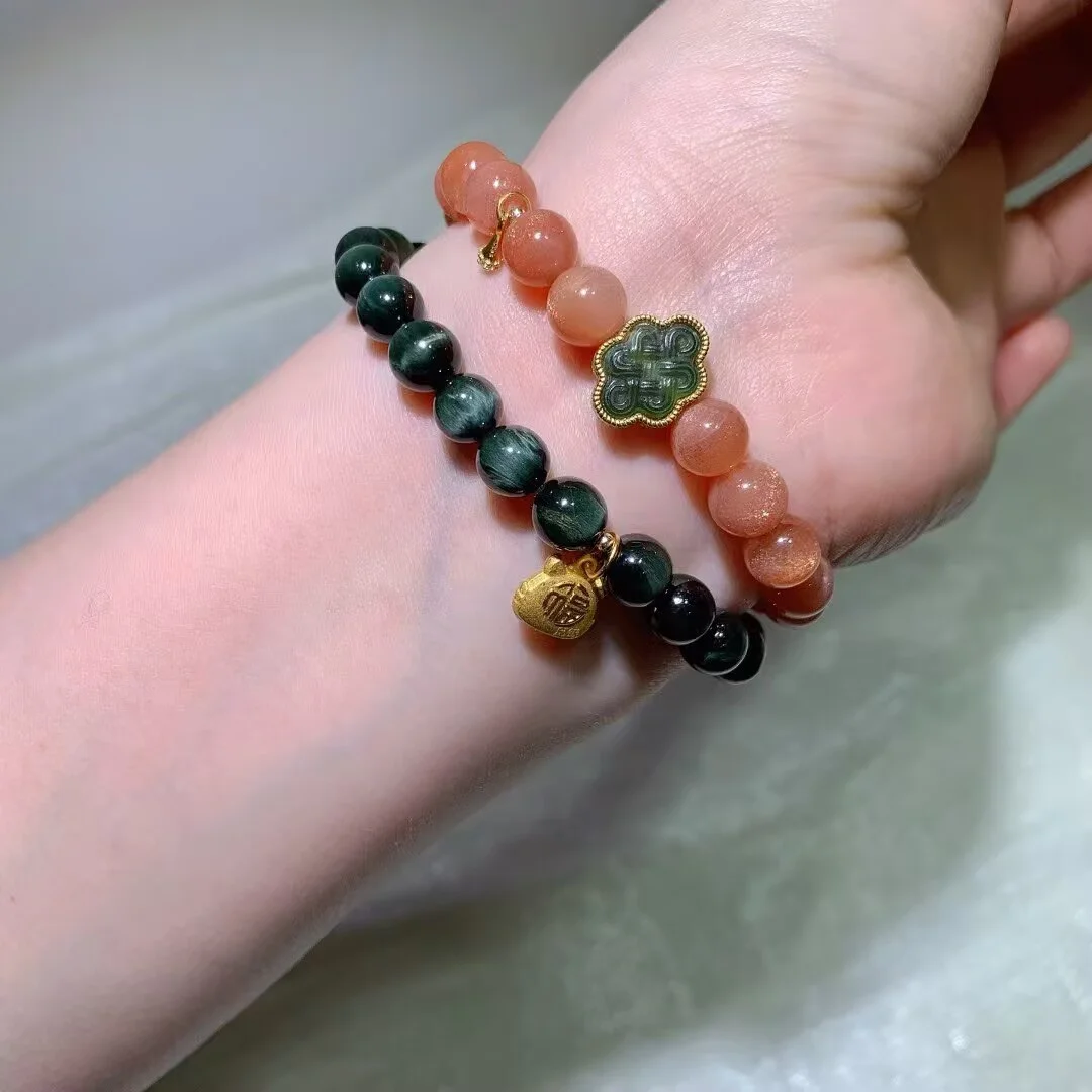 Golden Sunstone & Actinolite Multi-Wrap Bracelet · Knot Bead & Lock Charm · 7.8mm — detail photo
